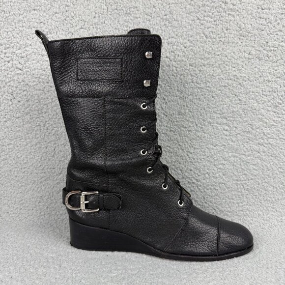 Michael Kors Boots Womens 9.5 Shoes Black Woodley Wedge Combat Moto Biker Calf - Picture 3 of 14